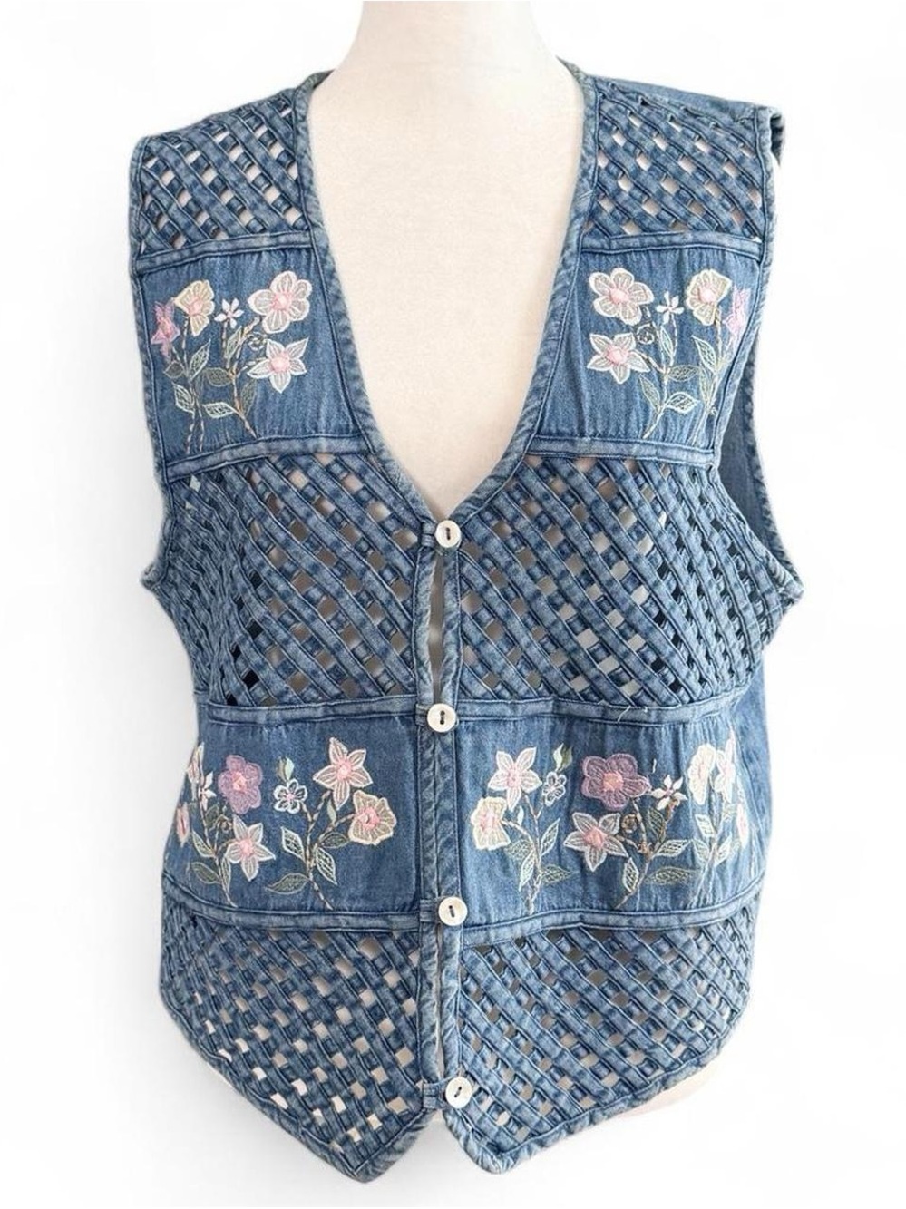 Vintage Tantrum Blues Denim Floral Embroidered Lattice Vest Size Large
